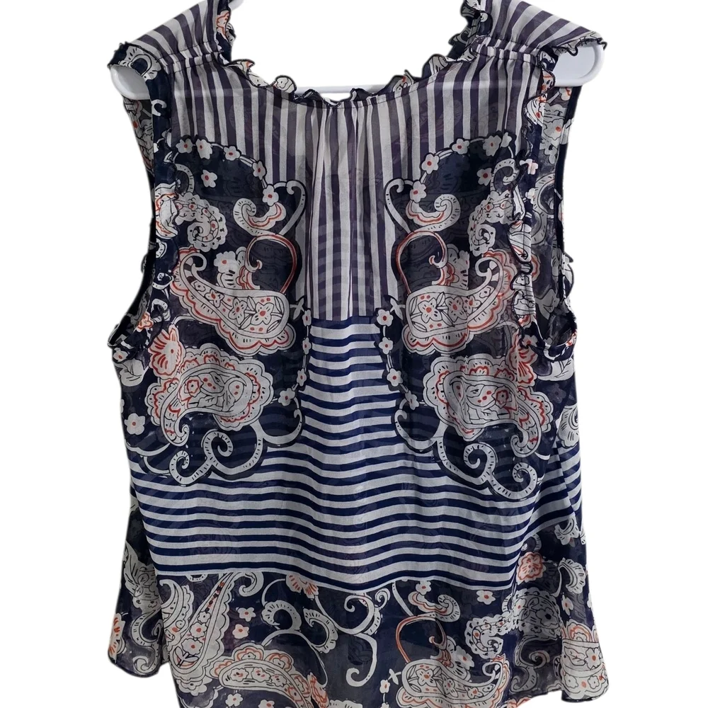 CAbi Blue Tan Sleeveless Pleated Ruffled Blouse - Picture 2 of 4